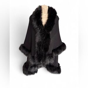 Janice Apparel Black Faux Fur Trim Poncho Shawl Wrap Cape One Size Winter Boho